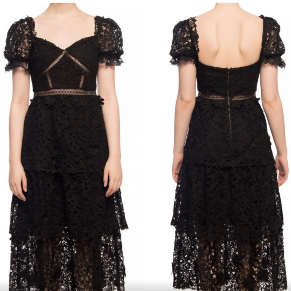 NWT Self-portrait Black 3D Lace Tier Dress Size 6